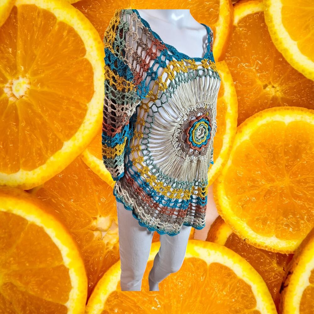 Roz & Ali Women's Multicolored Floral Crochet Scoop-Neck Sweater Size L/XL